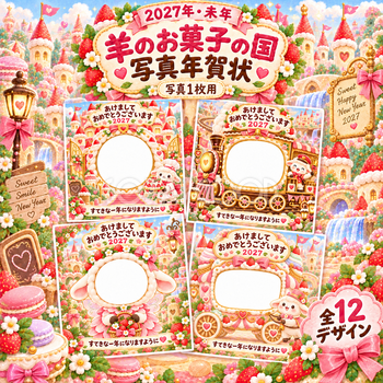 羊のお菓子の国写真年賀状12選｜2027未年・子ども向けのかわいい無料イラスト 98521