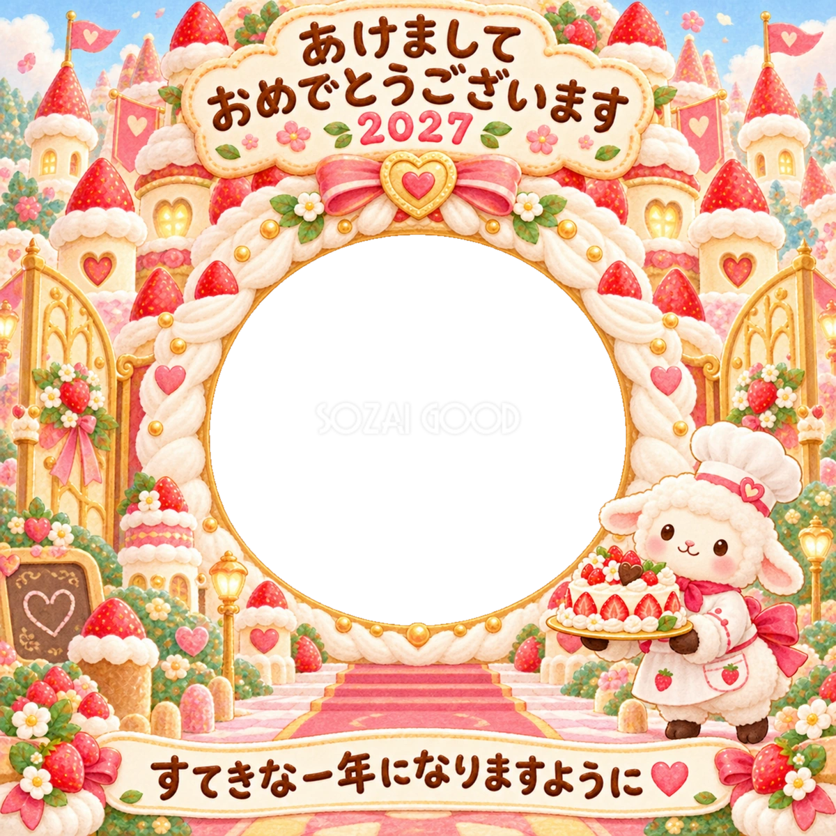 ケーキのお城の写真年賀状|2027未年・かわいい羊の無料イラスト 98522