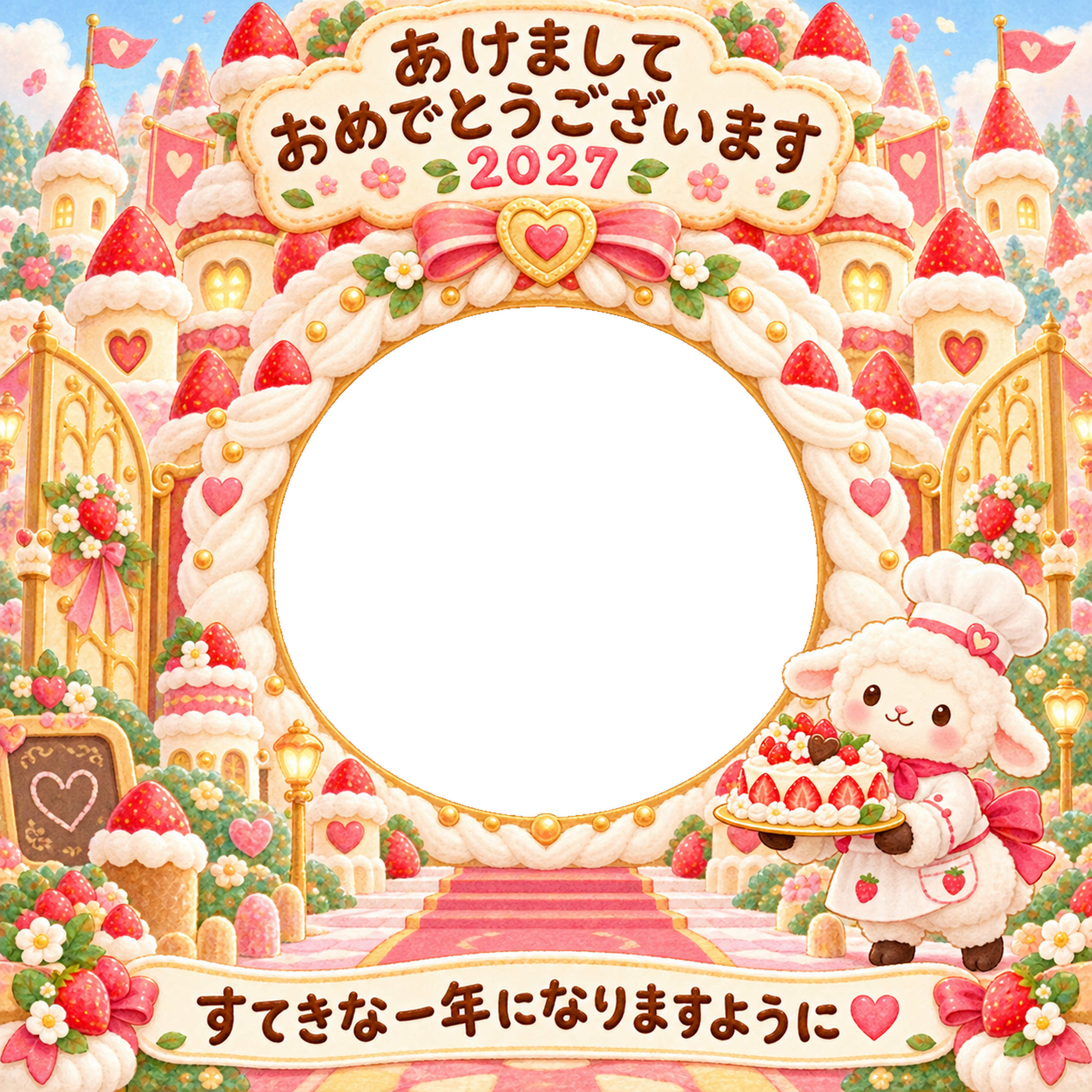 ケーキのお城の写真年賀状｜2027未年・かわいい羊の無料イラスト 98522に写真・文字を入れる
