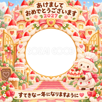 ケーキのお城の写真年賀状｜2027未年・かわいい羊の無料イラスト 98522