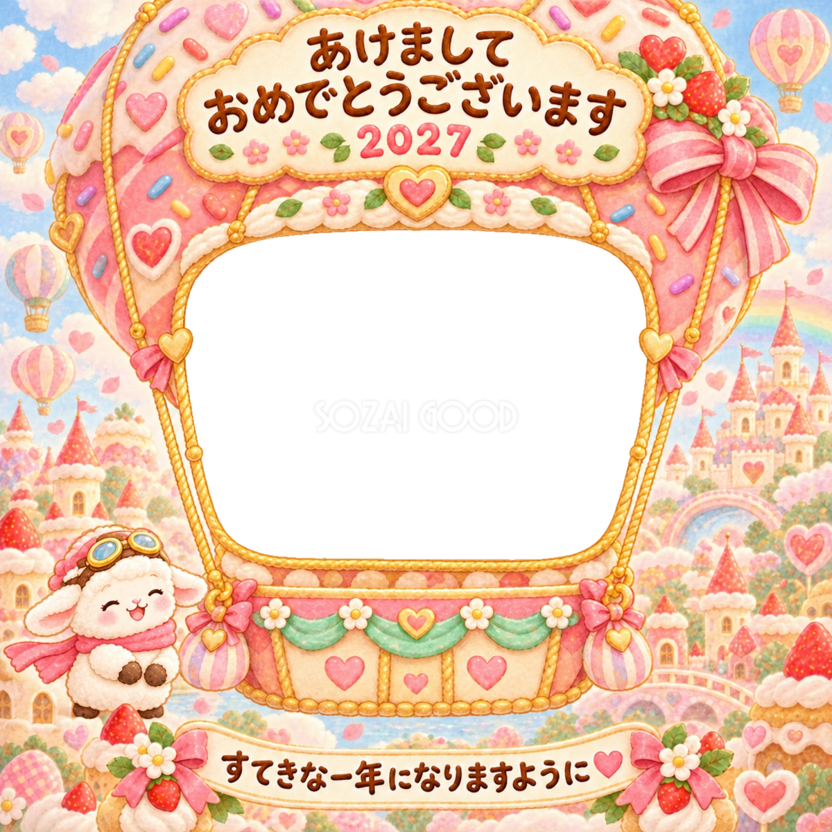 ドーナツの気球の写真年賀状|2027未年・かわいい羊の無料イラスト 98523