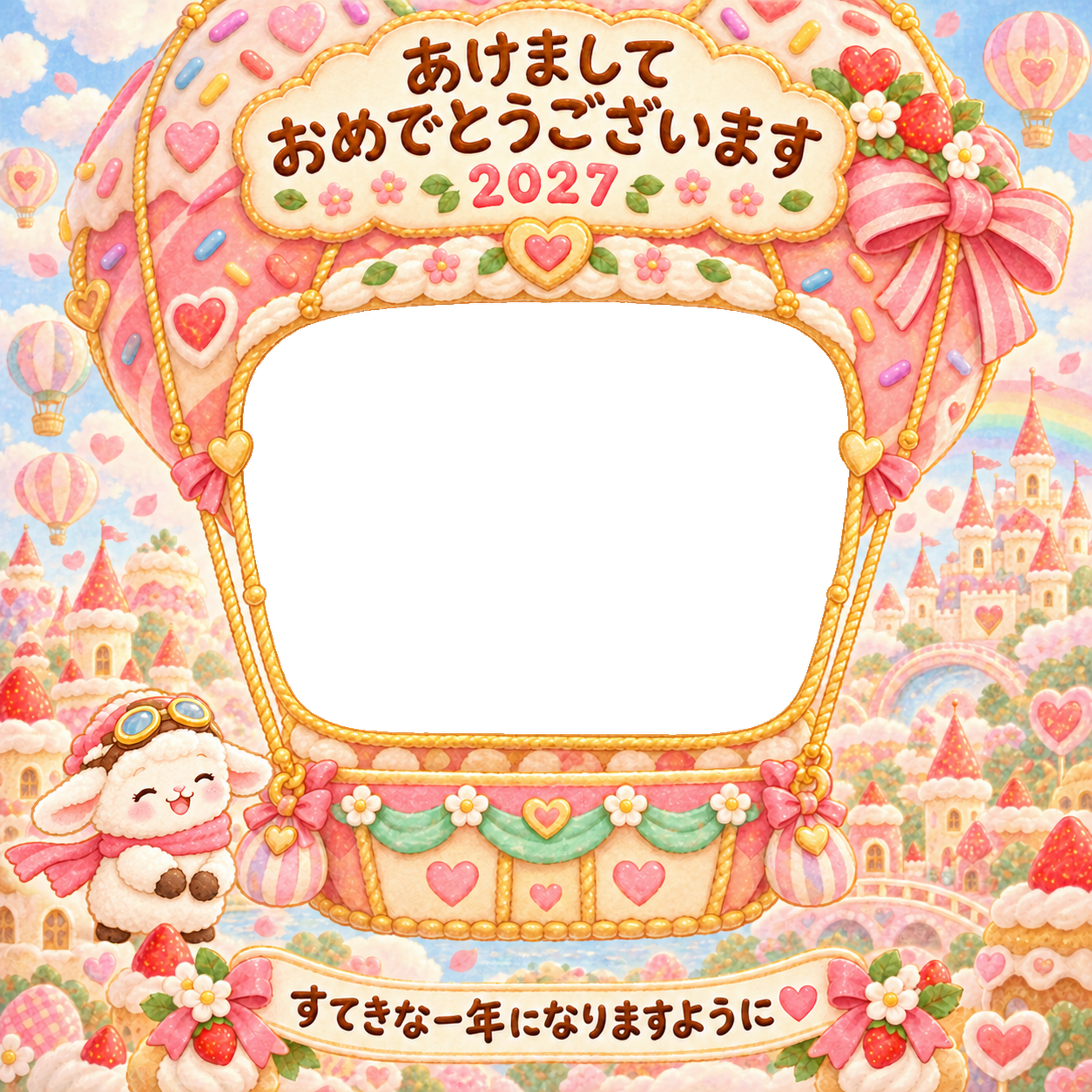 ドーナツの気球の写真年賀状｜2027未年・かわいい羊の無料イラスト 98523に写真・文字を入れる