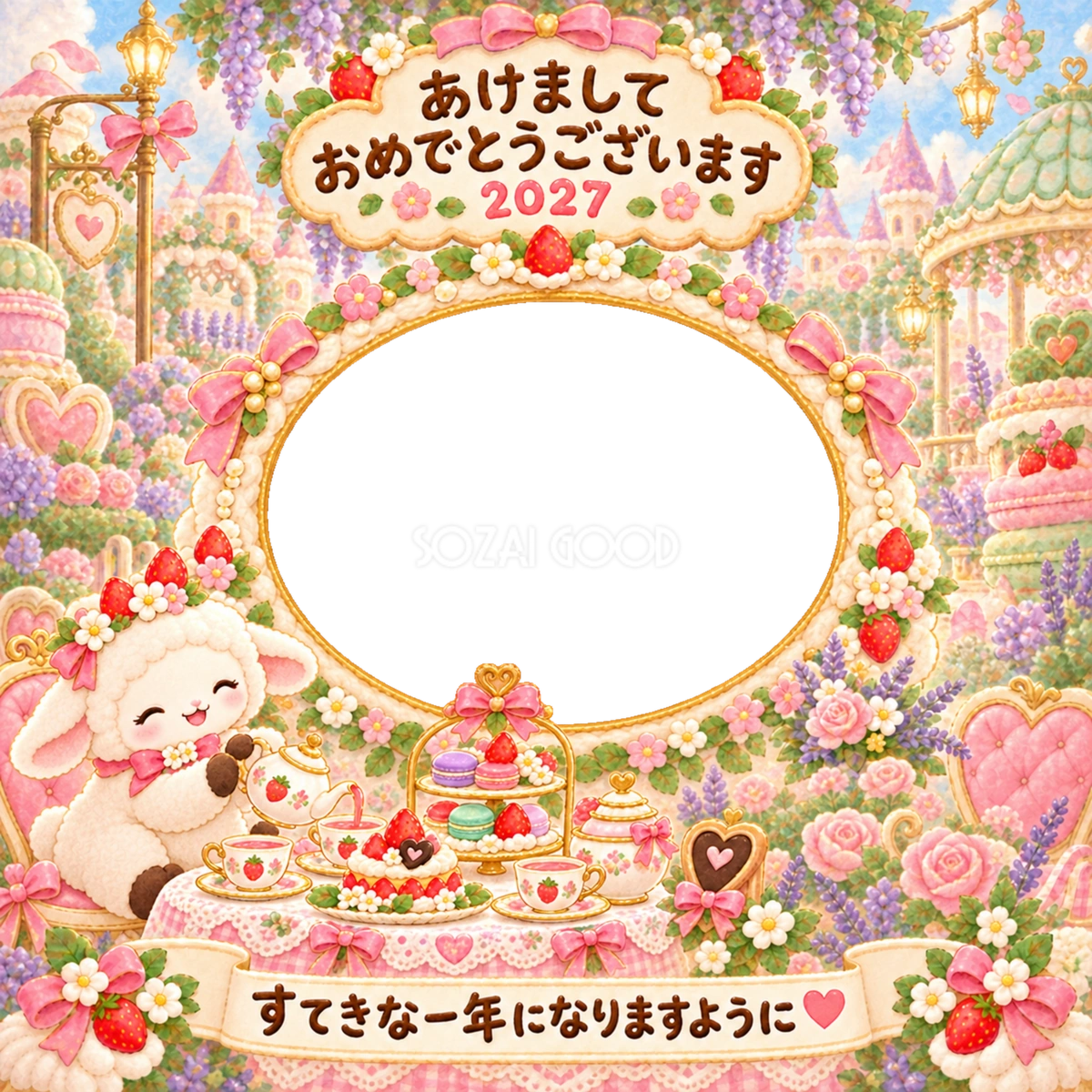 マカロンのお茶会の写真年賀状|2027未年・かわいい羊の無料イラスト 98525