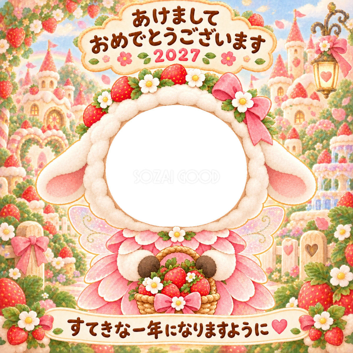 いちごの妖精の写真年賀状|2027未年・かわいい羊の無料イラスト 98526