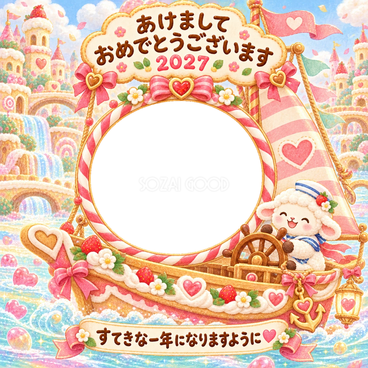 キャンディーの船の写真年賀状|2027未年・かわいい羊の無料イラスト 98527