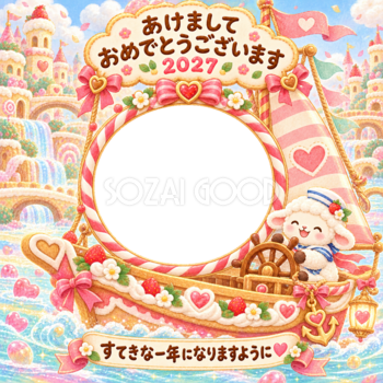 キャンディーの船の写真年賀状｜2027未年・かわいい羊の無料イラスト 98527