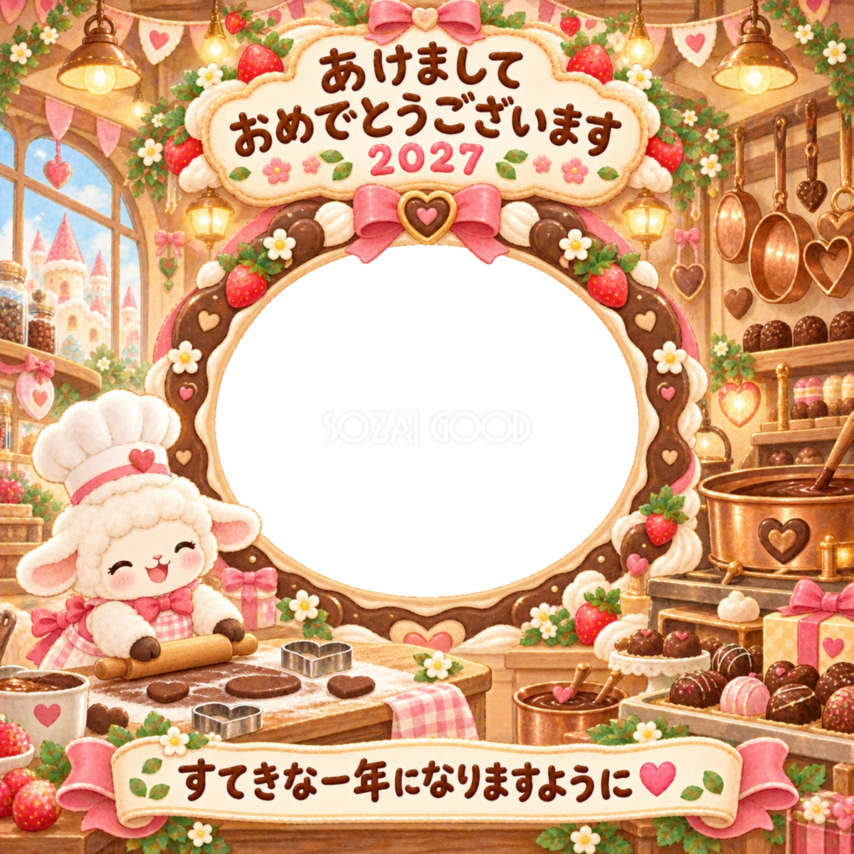 チョコレートの工房の写真年賀状|2027未年・かわいい羊の無料イラスト 98528
