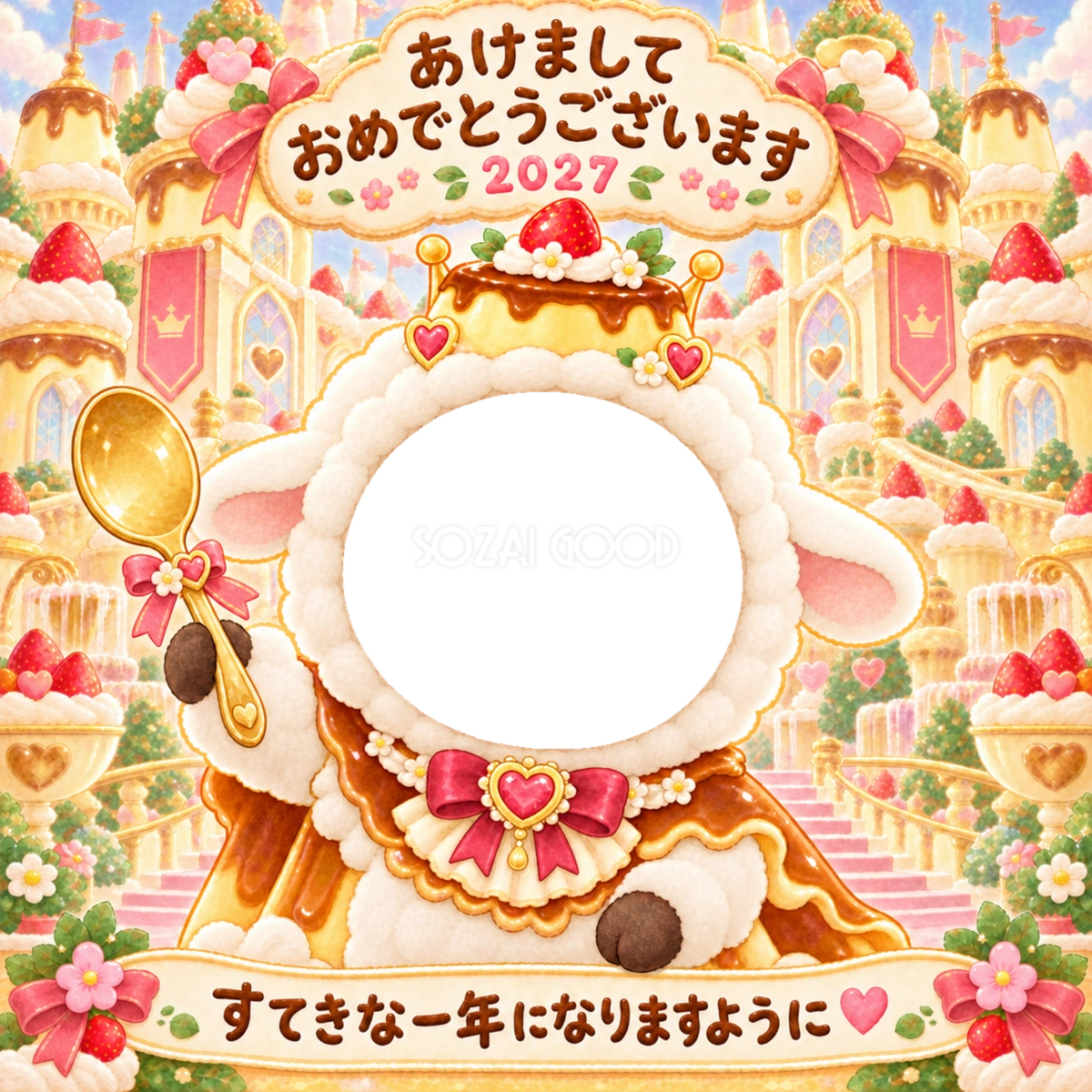 プリンの王冠の写真年賀状|2027未年・かわいい羊の無料イラスト 98529