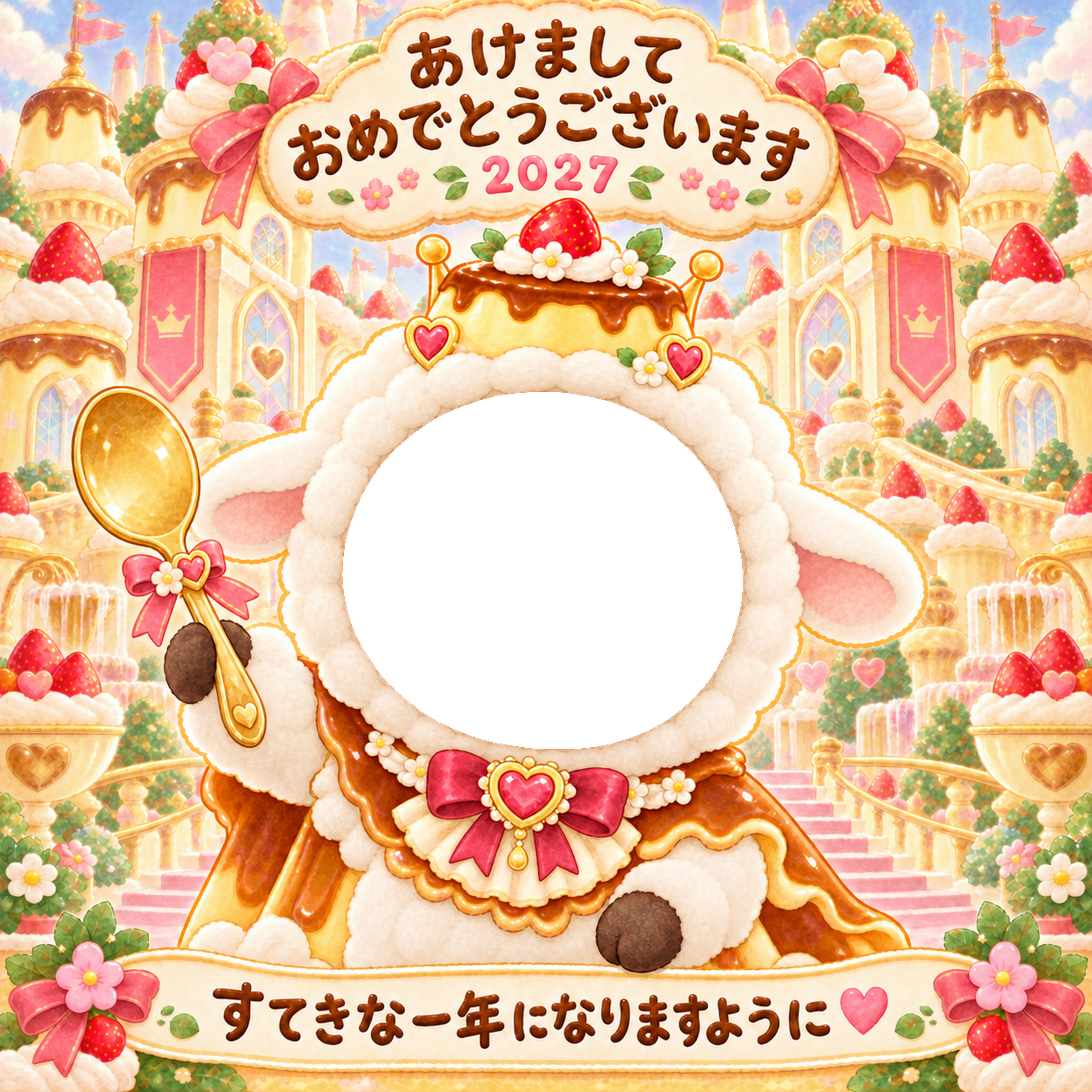 プリンの王冠の写真年賀状｜2027未年・かわいい羊の無料イラスト 98529に写真・文字を入れる