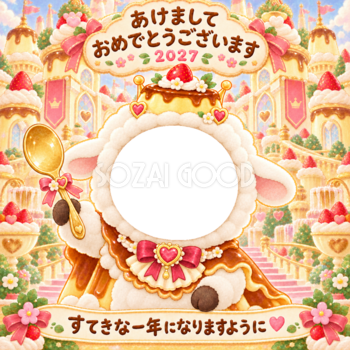 プリンの王冠の写真年賀状｜2027未年・かわいい羊の無料イラスト 98529