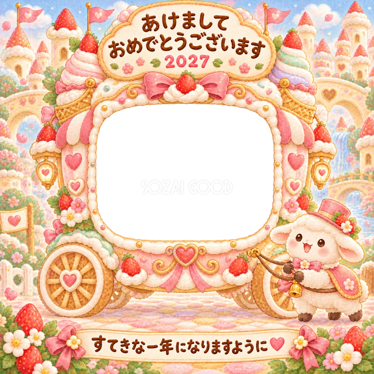 アイスクリームの馬車の写真年賀状|2027未年・かわいい羊の無料イラスト 98530