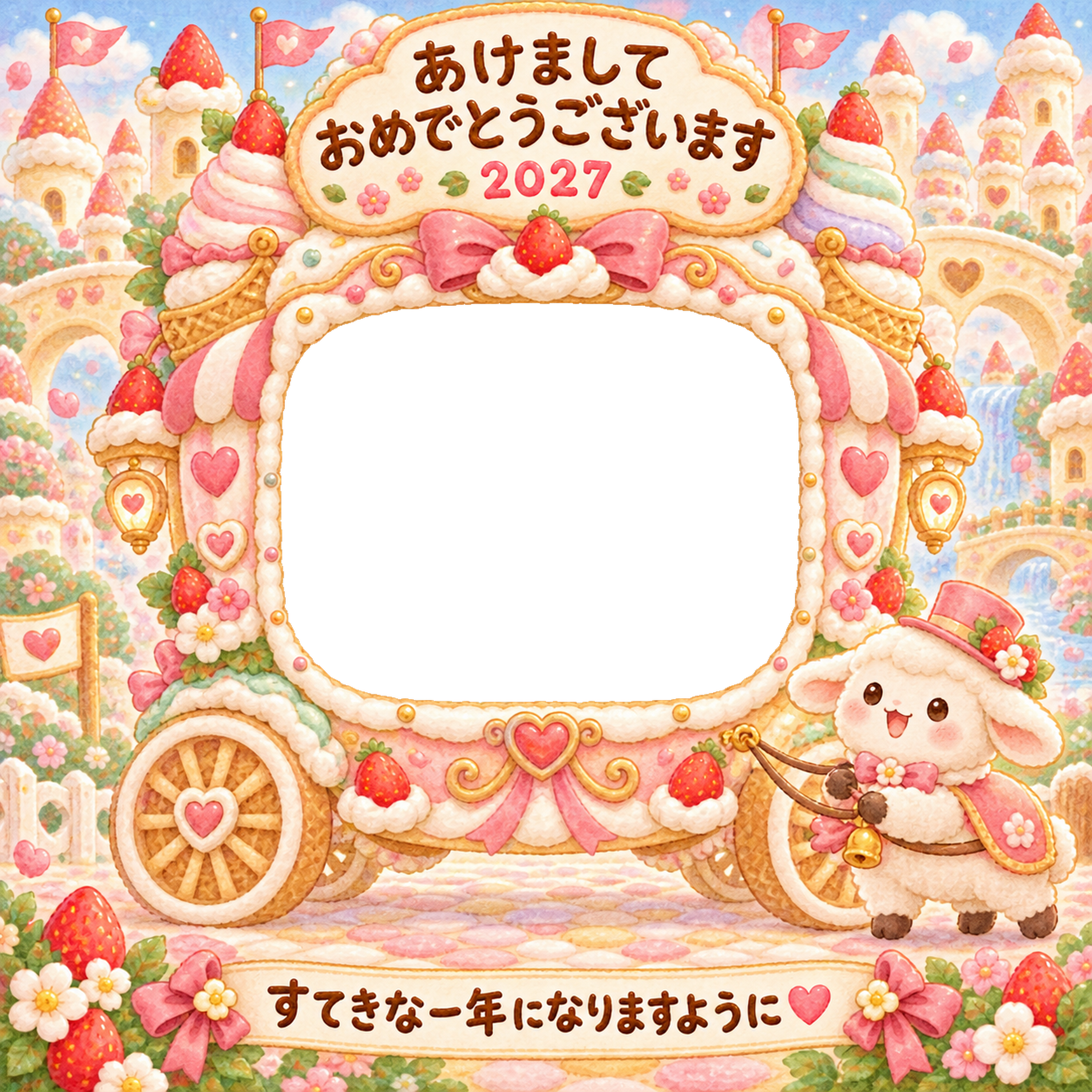 アイスクリームの馬車の写真年賀状｜2027未年・かわいい羊の無料イラスト 98530に写真・文字を入れる