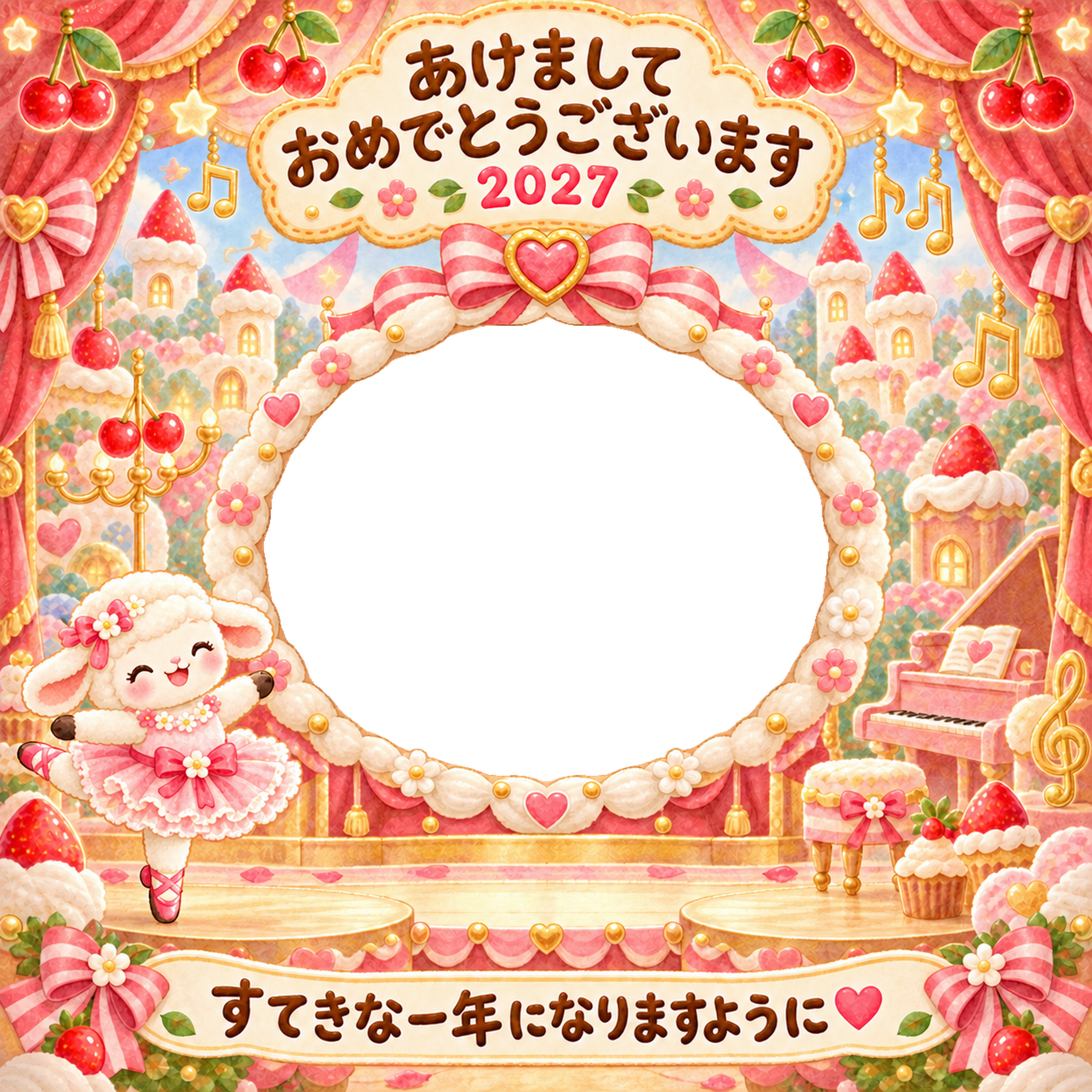 カップケーキの舞台の写真年賀状｜2027未年・かわいい羊の無料イラスト 98531に写真・文字を入れる