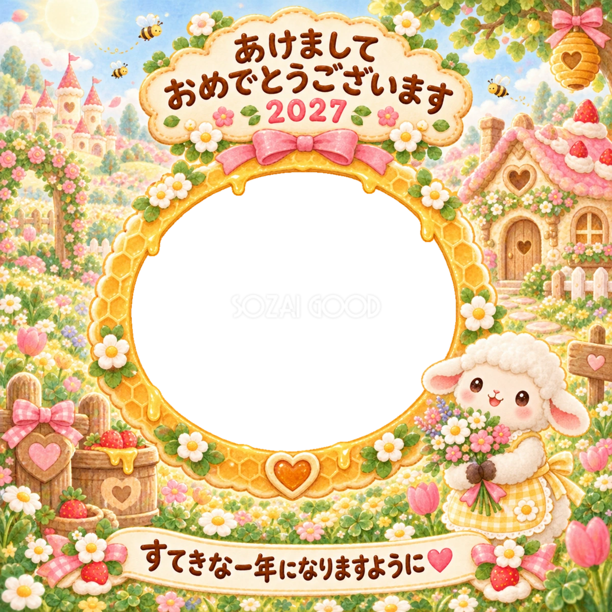 はちみつの花畑の写真年賀状|2027未年・かわいい羊の無料イラスト 98532