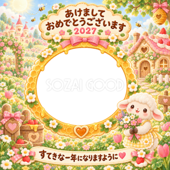 はちみつの花畑の写真年賀状｜2027未年・かわいい羊の無料イラスト 98532