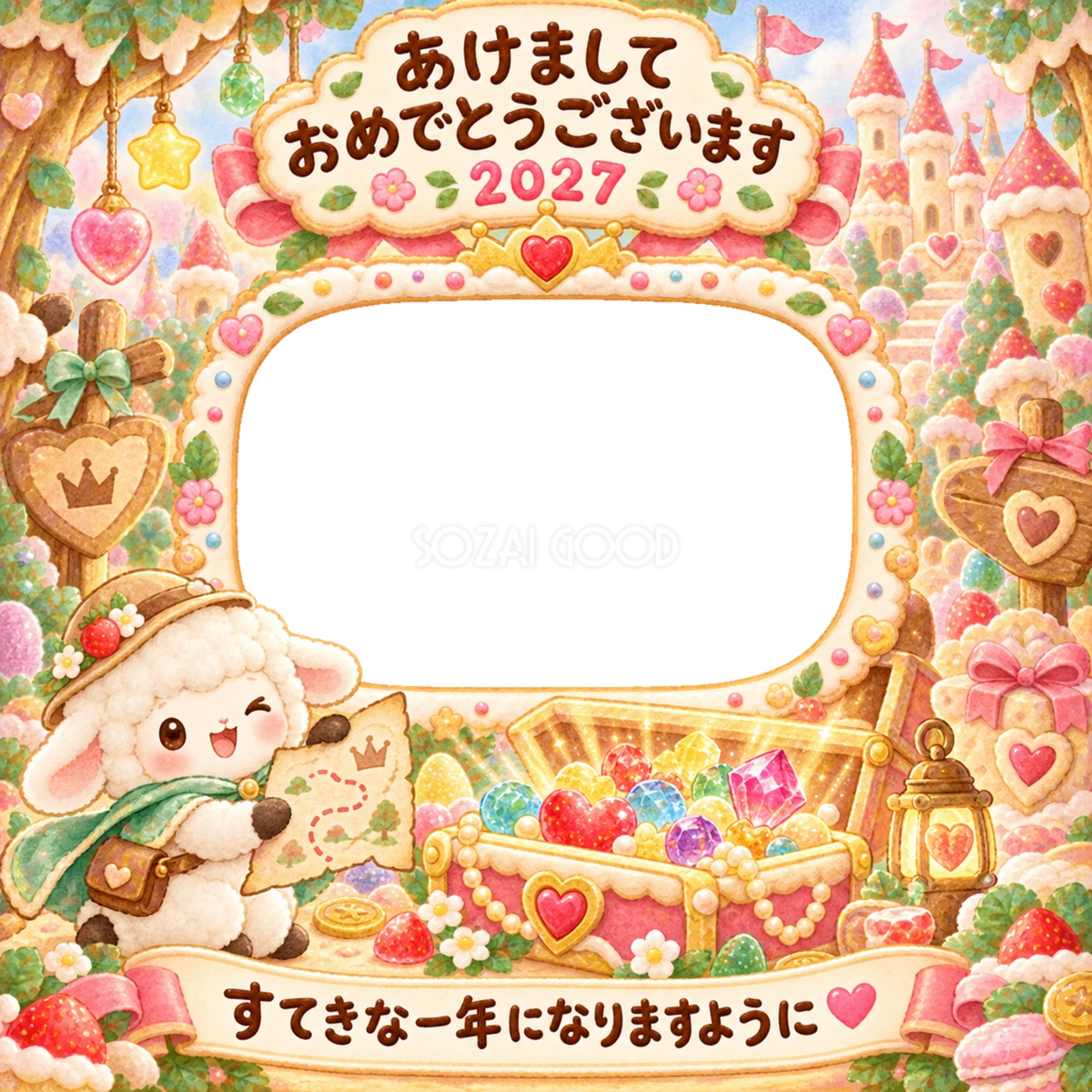 お菓子の宝箱の写真年賀状|2027未年・かわいい羊の無料イラスト 98533