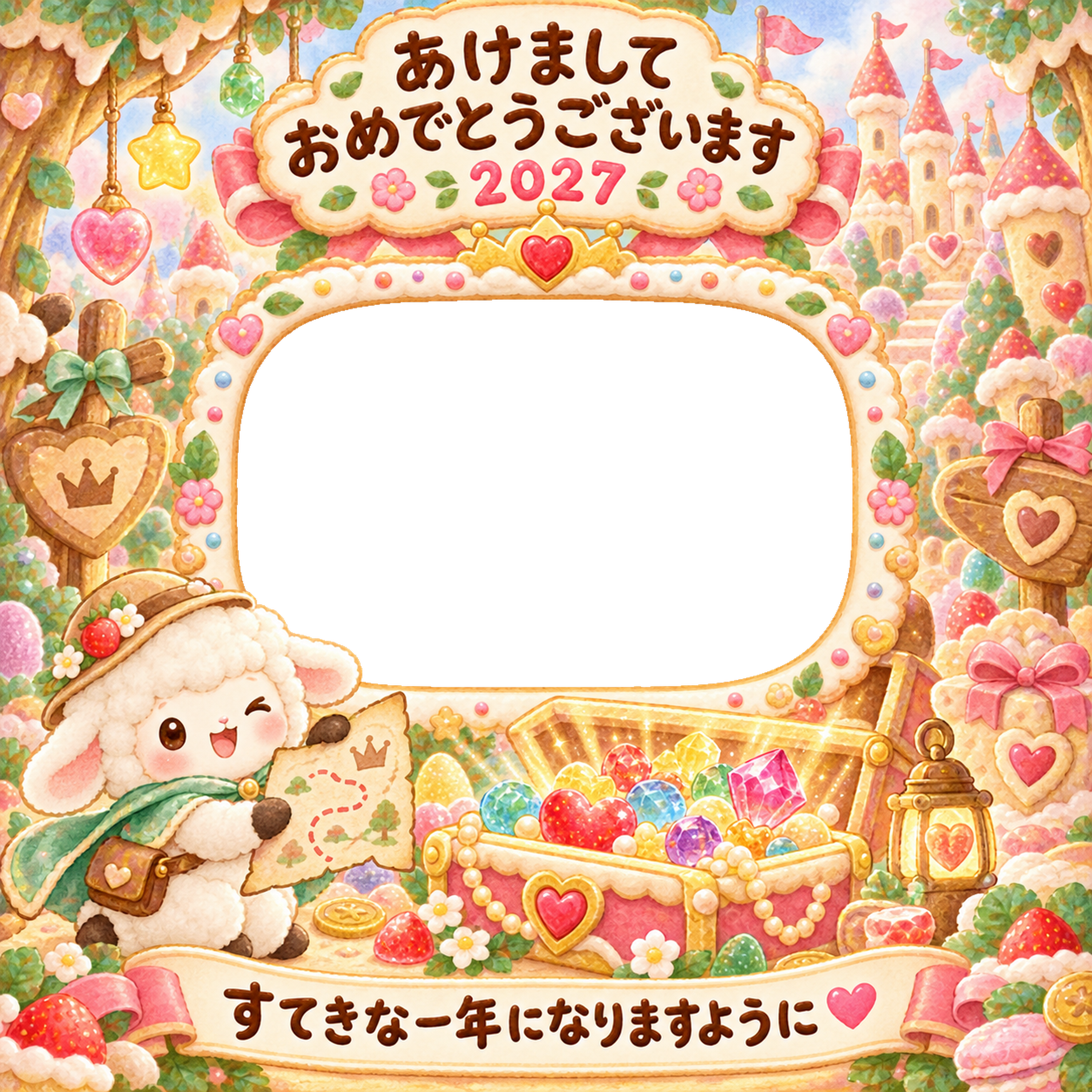 お菓子の宝箱の写真年賀状｜2027未年・かわいい羊の無料イラスト 98533に写真・文字を入れる