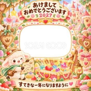 お菓子の宝箱の写真年賀状｜2027未年・かわいい羊の無料イラスト 98533