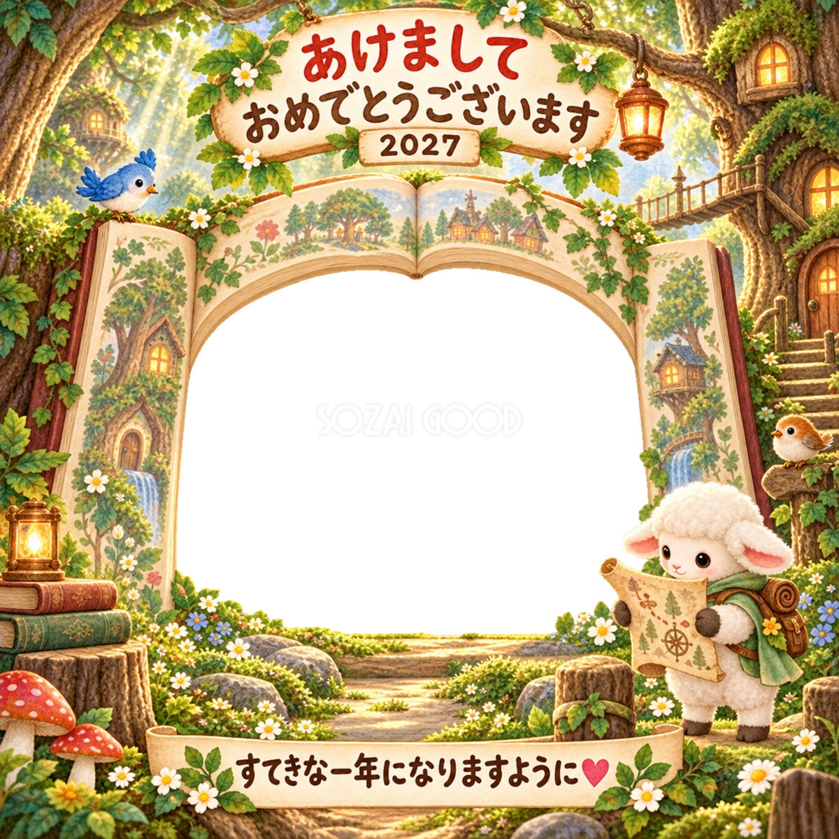 森の地図の探検の写真年賀状|2027未年・かわいい羊の無料イラスト 98535