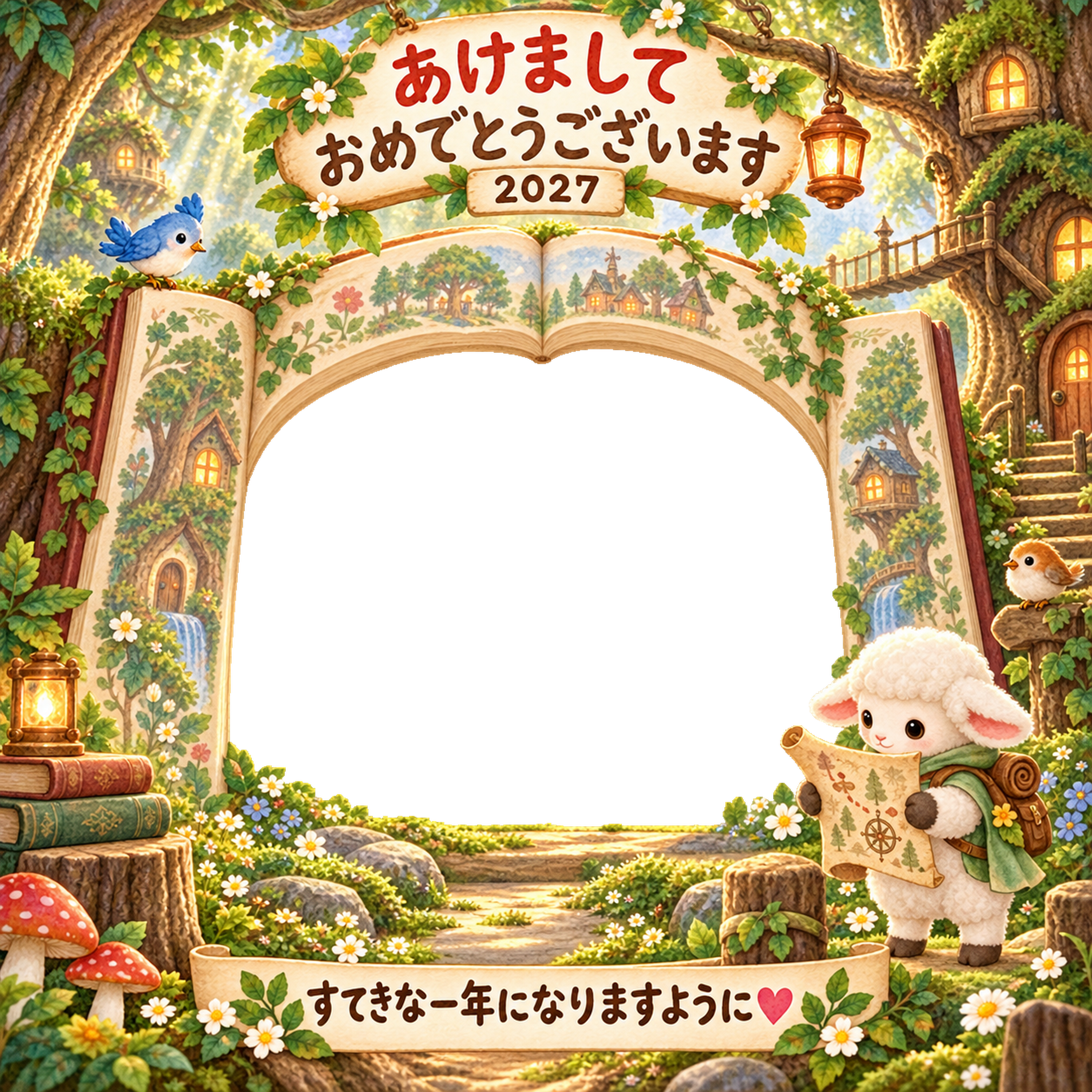 森の地図の探検の写真年賀状｜2027未年・かわいい羊の無料イラスト 98535に写真・文字を入れる