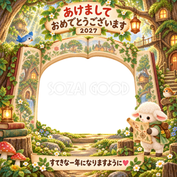 森の地図の探検の写真年賀状｜2027未年・かわいい羊の無料イラスト 98535