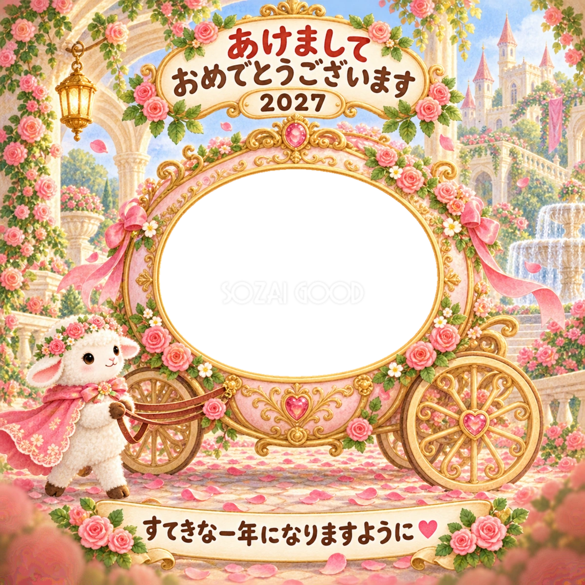 花の馬車のお姫さまの写真年賀状|2027未年・かわいい羊の無料イラスト 98536