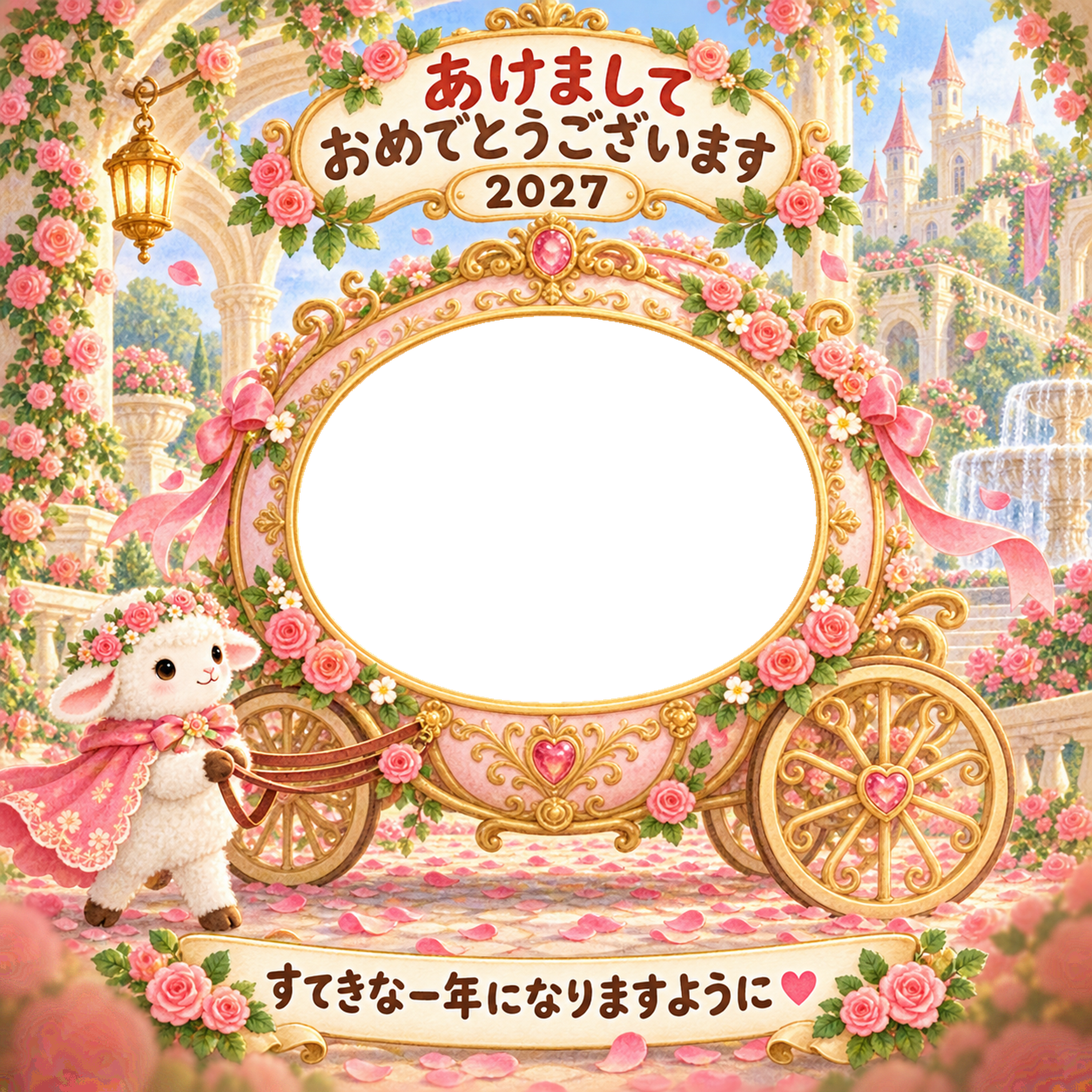 花の馬車のお姫さまの写真年賀状｜2027未年・かわいい羊の無料イラスト 98536に写真・文字を入れる