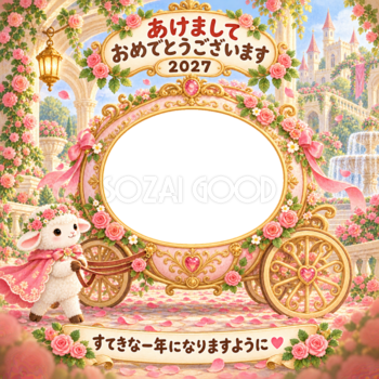 花の馬車のお姫さまの写真年賀状｜2027未年・かわいい羊の無料イラスト 98536