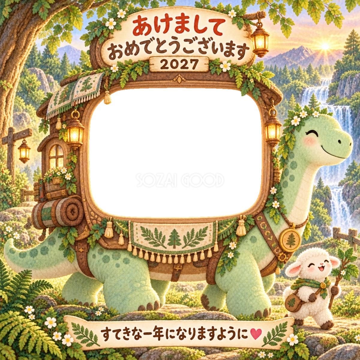 恐竜の背中でお散歩の写真年賀状|2027未年・かわいい羊の無料イラスト 98537