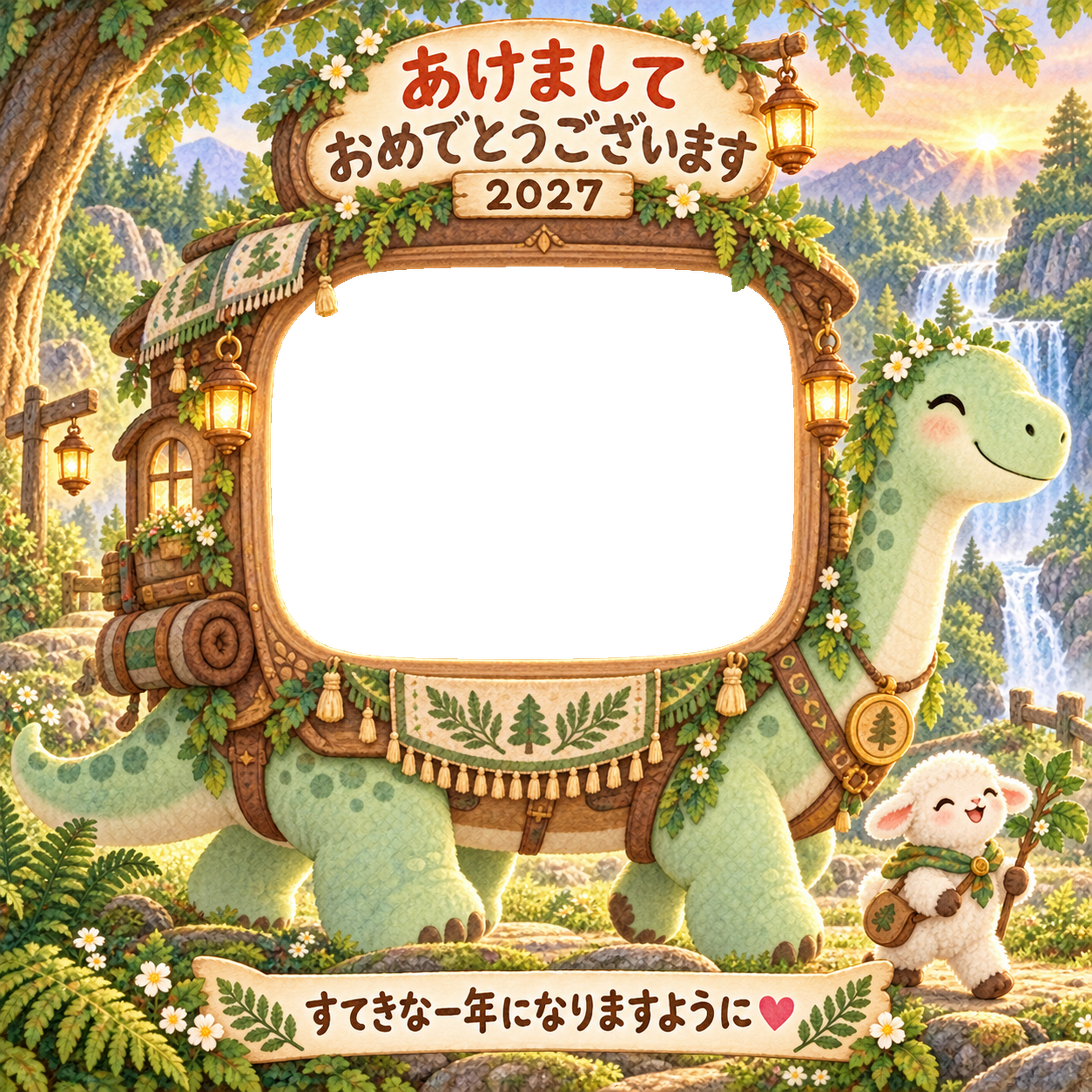 恐竜の背中でお散歩の写真年賀状｜2027未年・かわいい羊の無料イラスト 98537に写真・文字を入れる