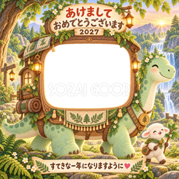 恐竜の背中でお散歩の写真年賀状｜2027未年・かわいい羊の無料イラスト 98537