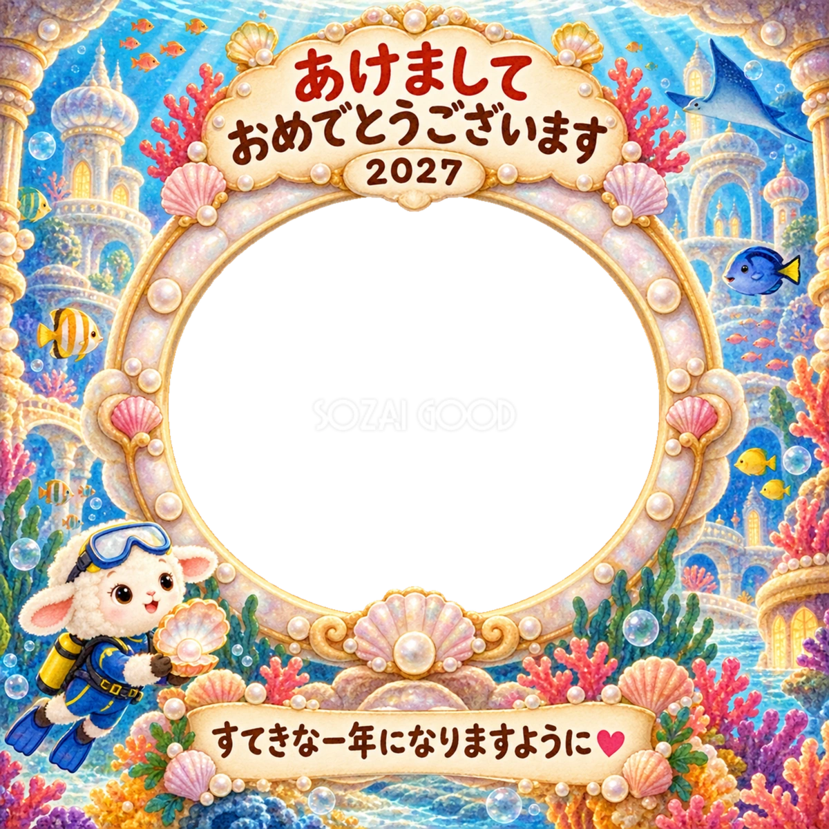 海のお城の探検の写真年賀状|2027未年・かわいい羊の無料イラスト 98538