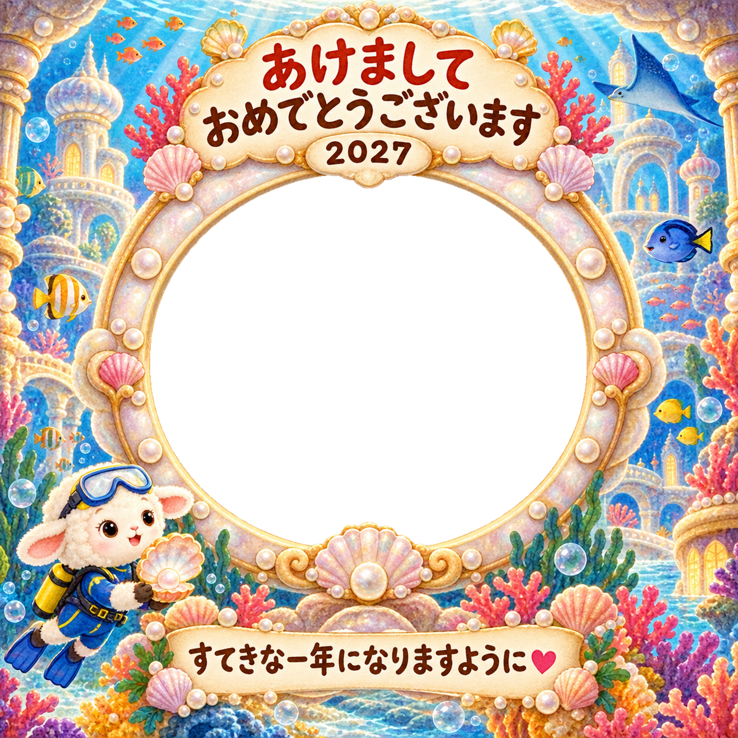 海のお城の探検の写真年賀状｜2027未年・かわいい羊の無料イラスト 98538に写真・文字を入れる