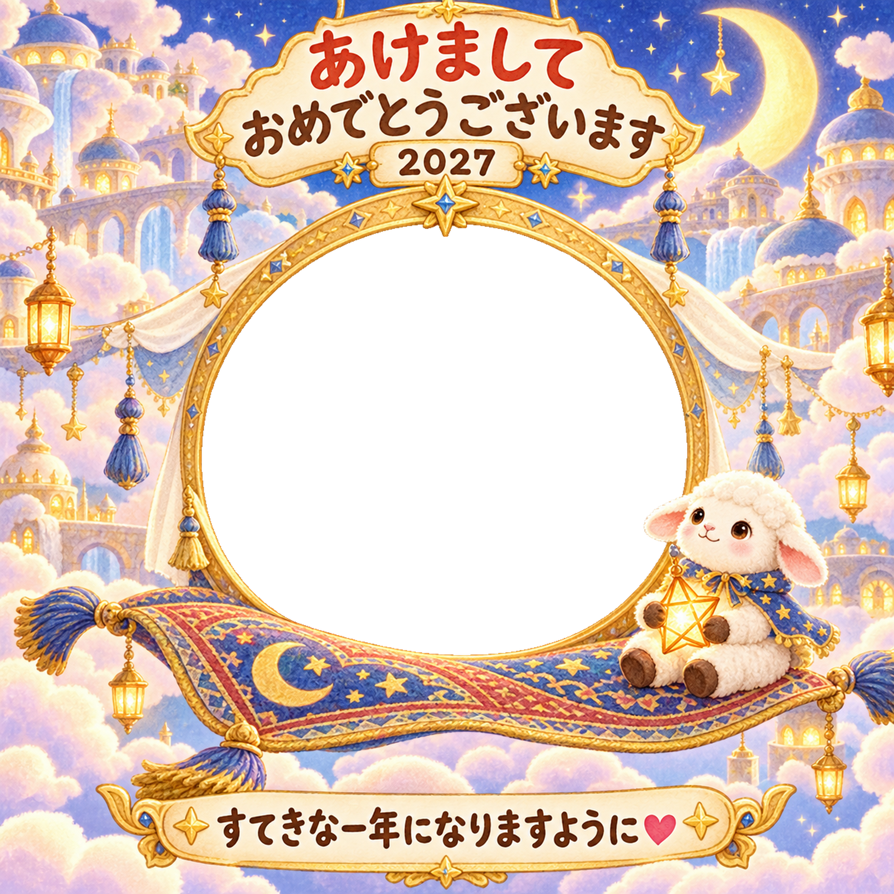 空飛ぶじゅうたんの写真年賀状｜2027未年・かわいい羊の無料イラスト 98539に写真・文字を入れる