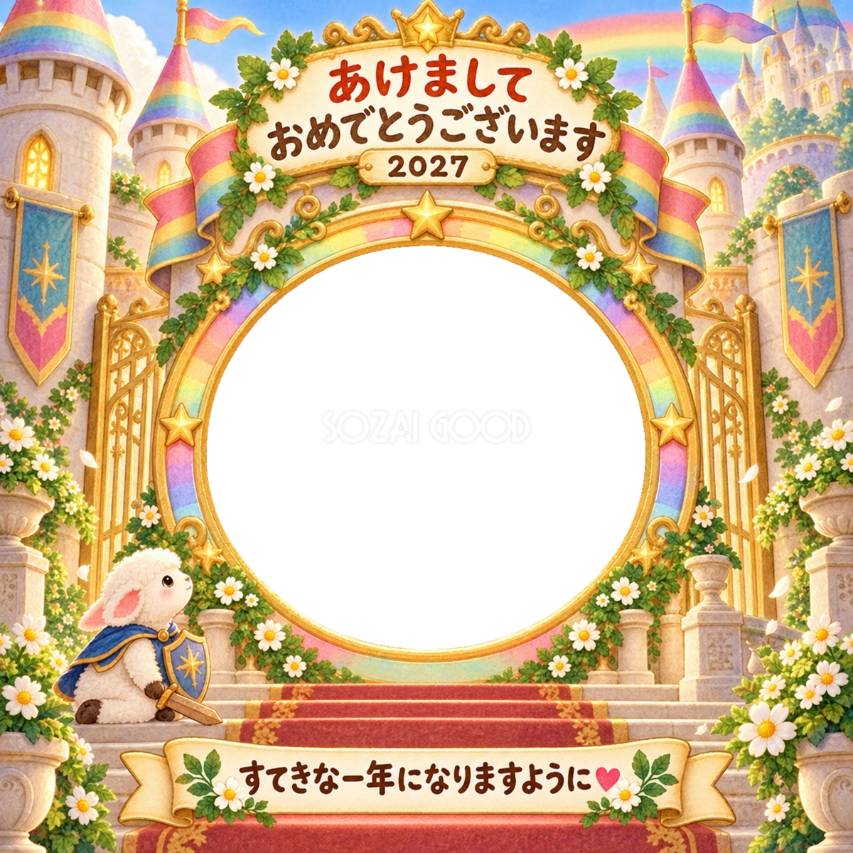 虹のお城の門の写真年賀状|2027未年・かわいい羊の無料イラスト 98540