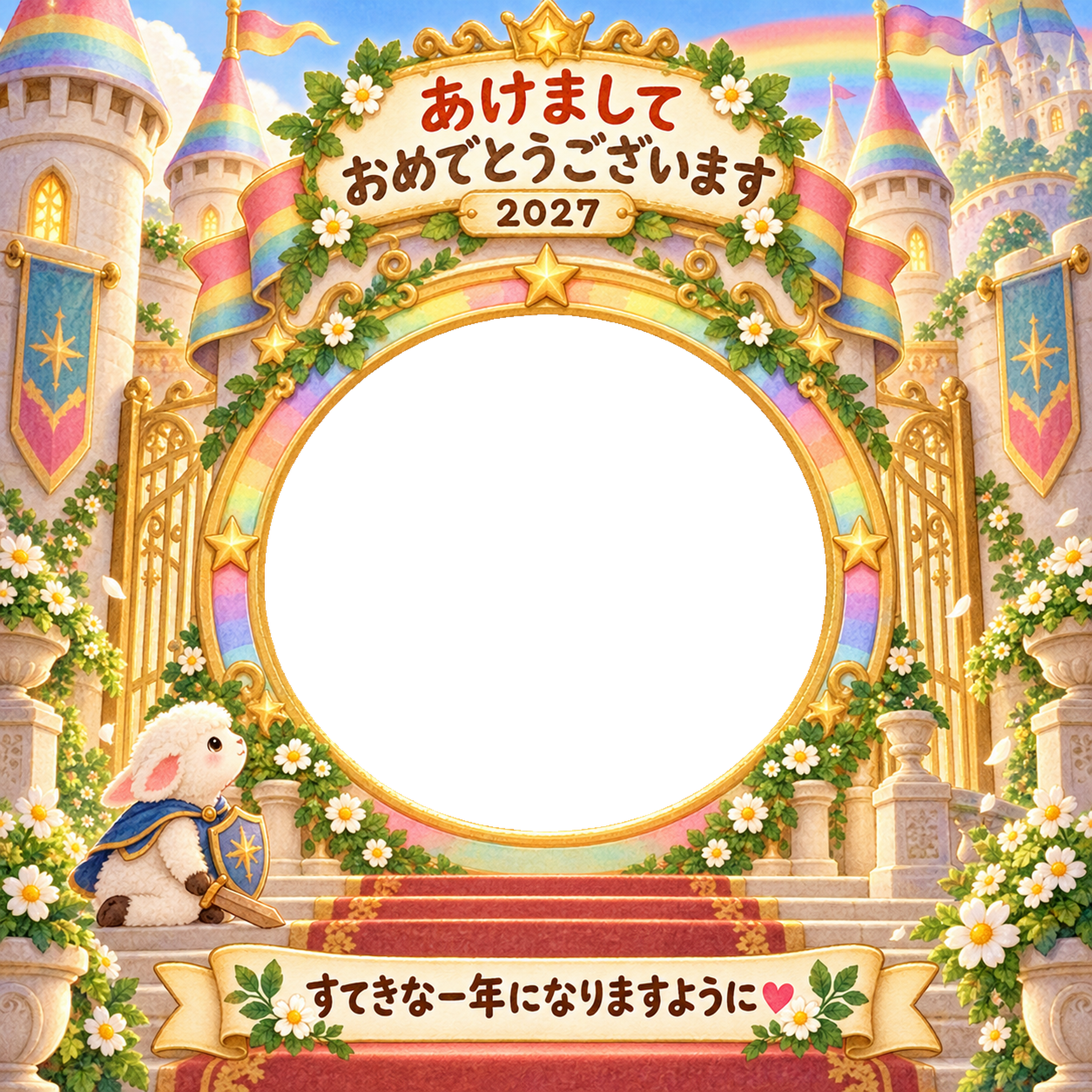 虹のお城の門の写真年賀状｜2027未年・かわいい羊の無料イラスト 98540に写真・文字を入れる