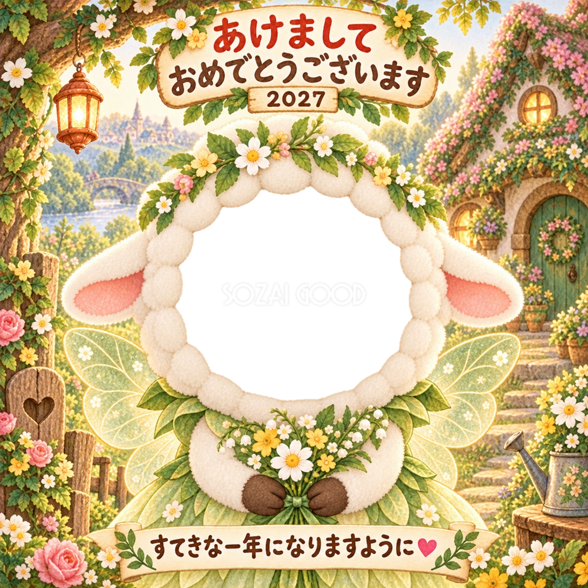 花畑の妖精の家の写真年賀状|2027未年・かわいい羊の無料イラスト 98541