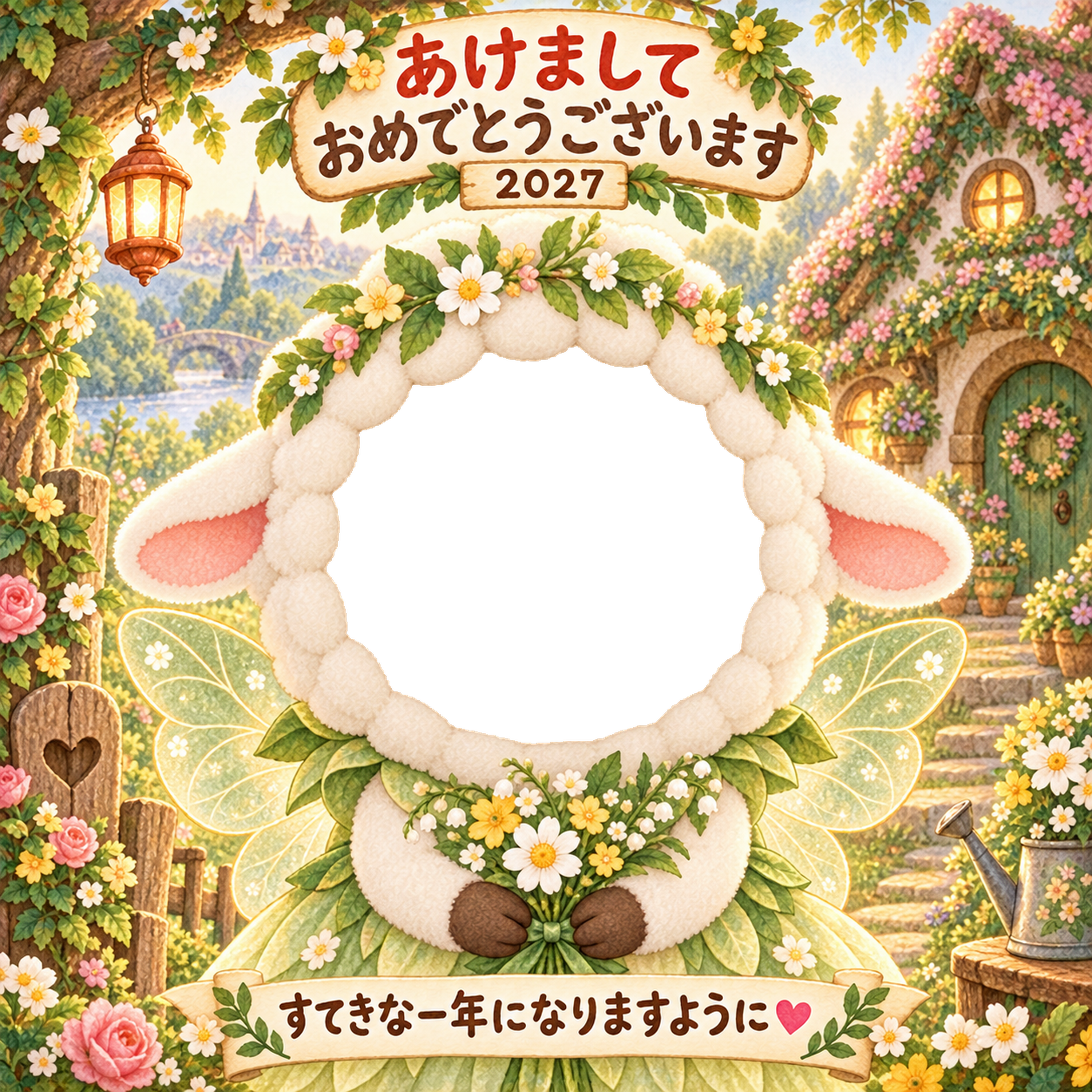 花畑の妖精の家の写真年賀状｜2027未年・かわいい羊の無料イラスト 98541に写真・文字を入れる