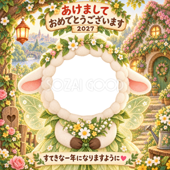 花畑の妖精の家の写真年賀状｜2027未年・かわいい羊の無料イラスト 98541