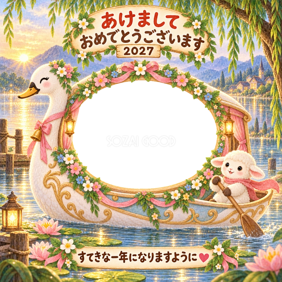 湖の白鳥のボートの写真年賀状|2027未年・かわいい羊の無料イラスト 98542
