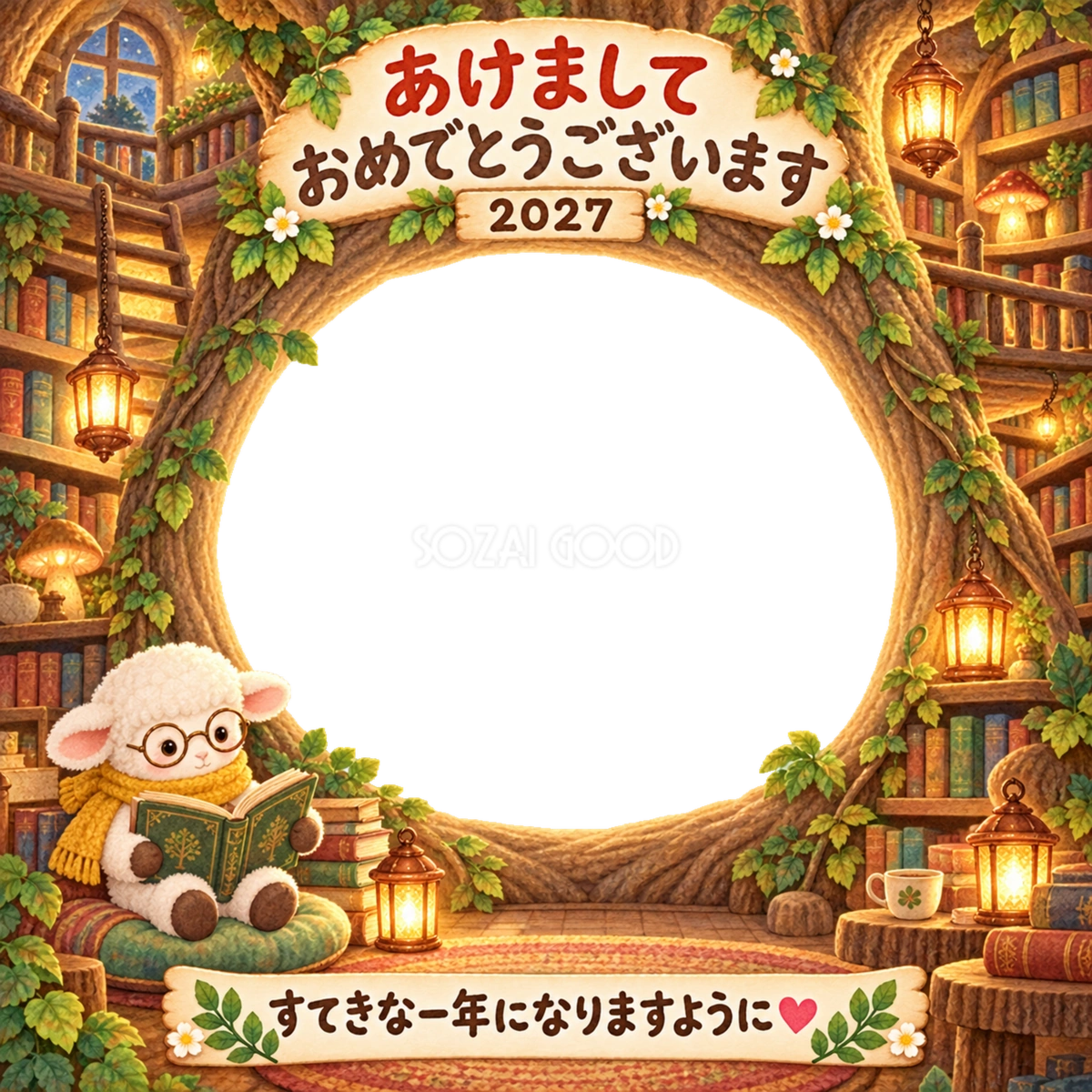 大きな木の図書館の写真年賀状|2027未年・かわいい羊の無料イラスト 98543