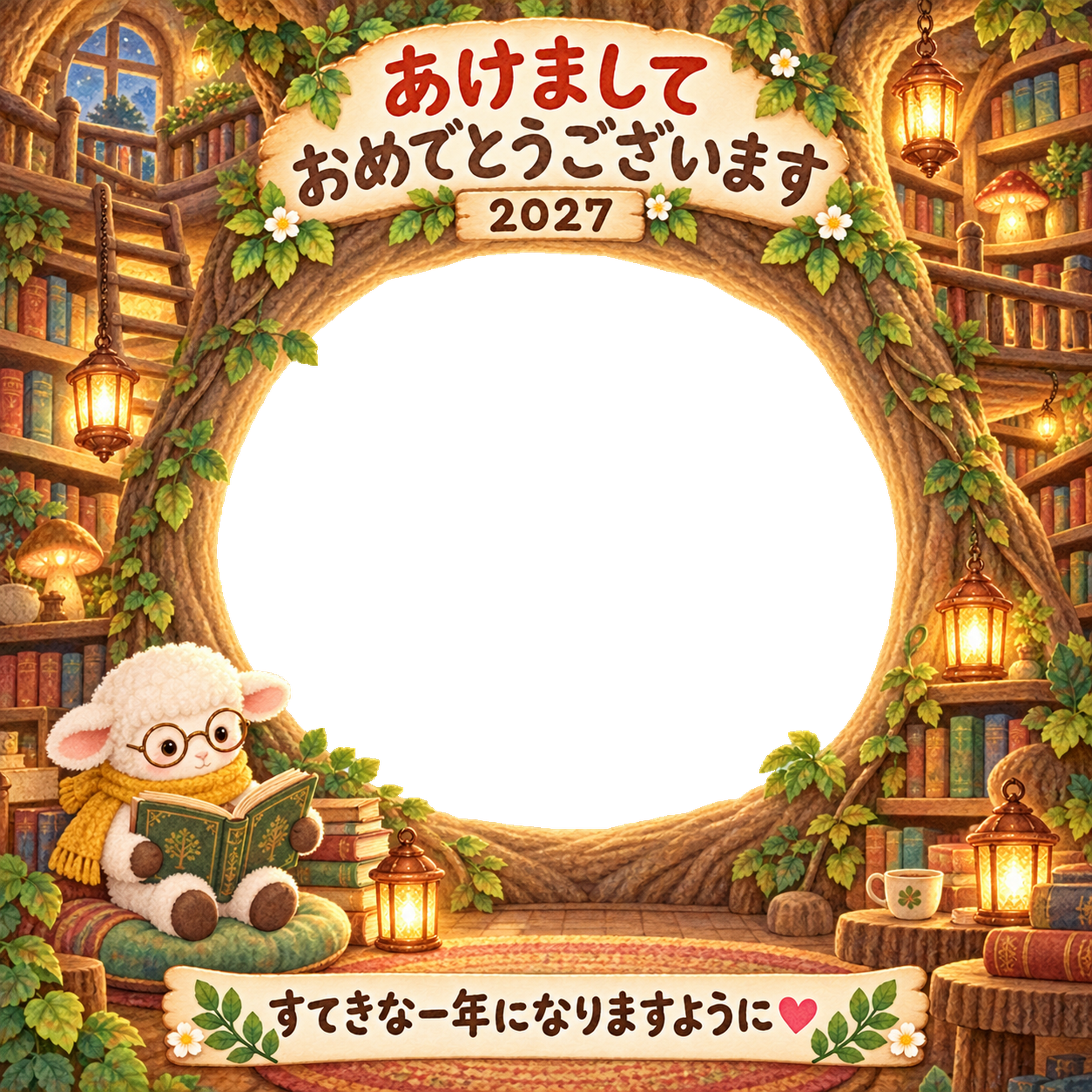 大きな木の図書館の写真年賀状｜2027未年・かわいい羊の無料イラスト 98543に写真・文字を入れる
