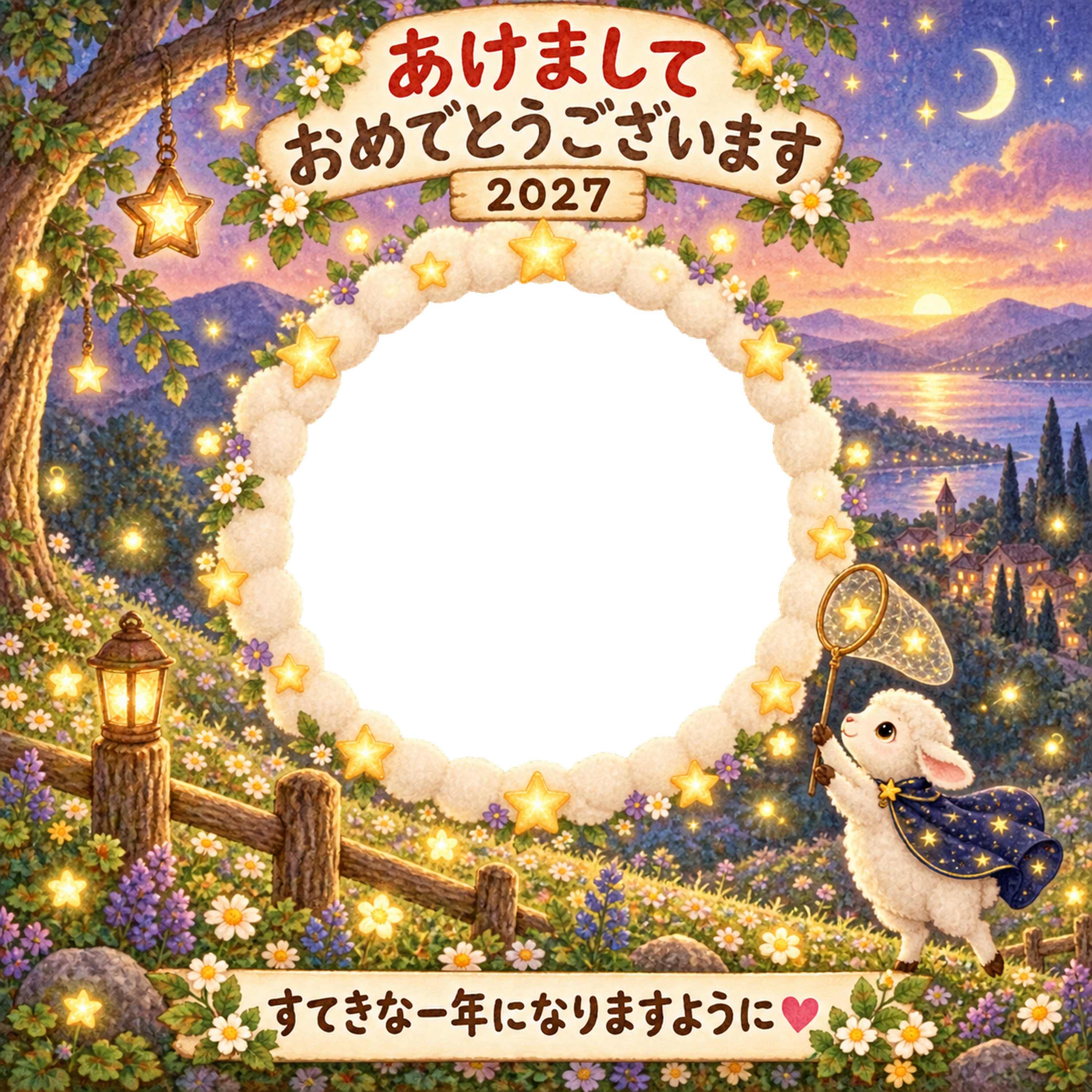 星を集める丘の写真年賀状｜2027未年・かわいい羊の無料イラスト 98544に写真・文字を入れる