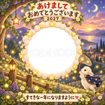 星を集める丘の写真年賀状｜2027未年・かわいい羊の無料イラスト 98544