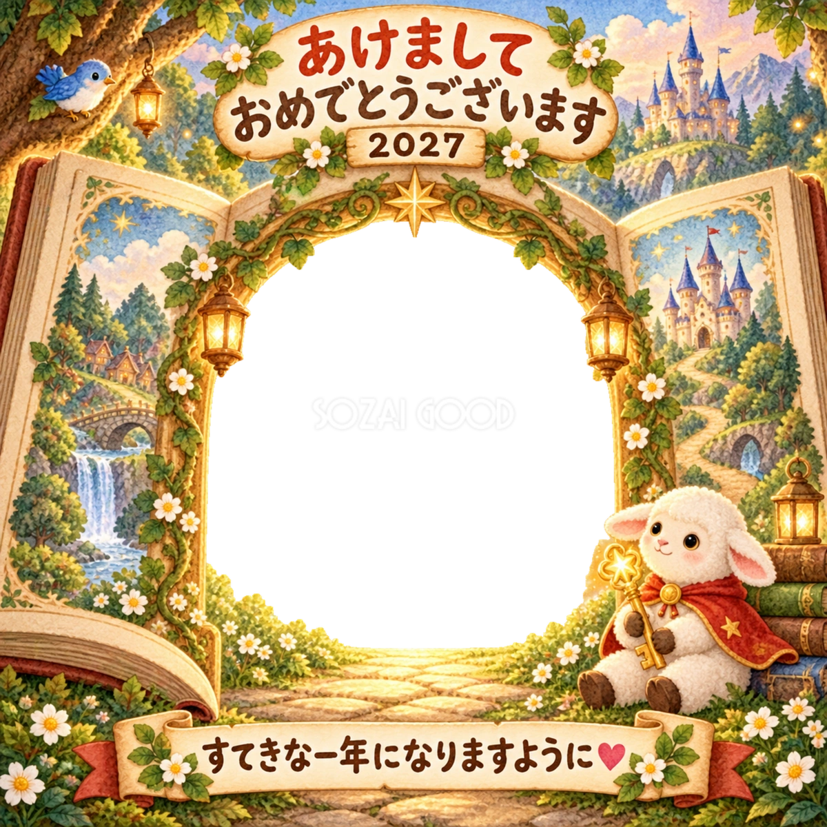 絵本の宝物の扉の写真年賀状|2027未年・かわいい羊の無料イラスト 98546