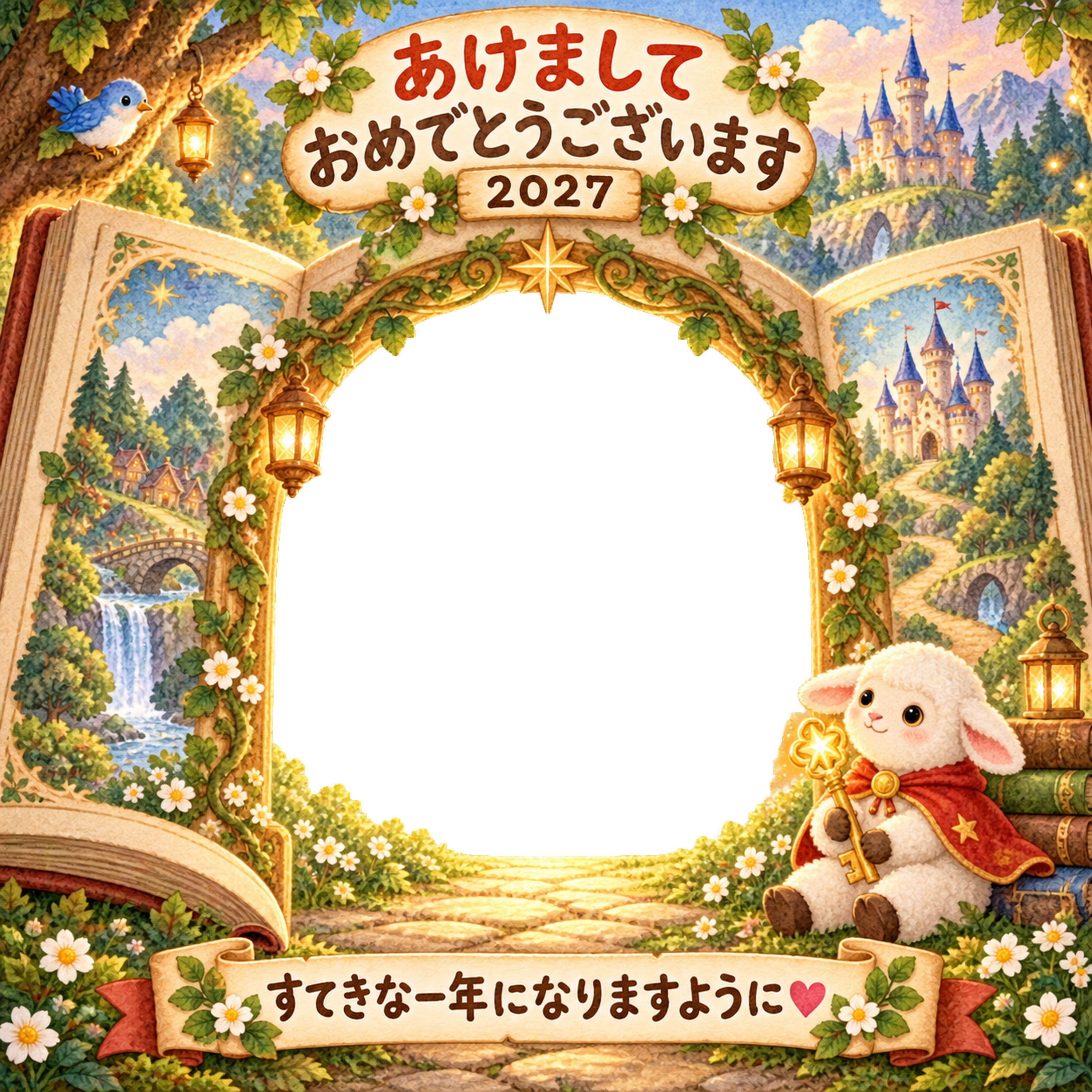 絵本の宝物の扉の写真年賀状｜2027未年・かわいい羊の無料イラスト 98546に写真・文字を入れる