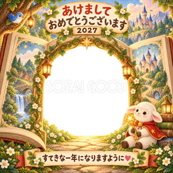 絵本の宝物の扉の写真年賀状｜2027未年・かわいい羊の無料イラスト 98546