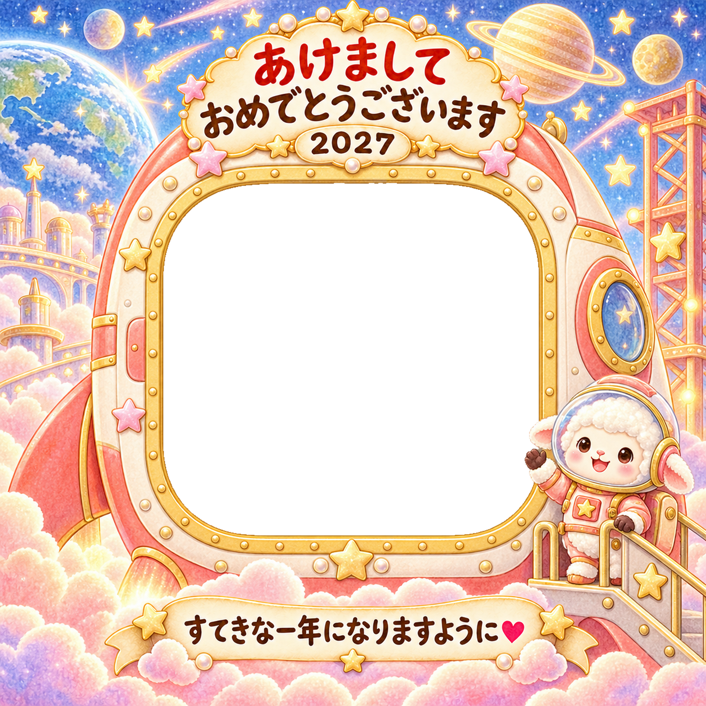 ロケットで出発の写真年賀状｜2027未年・かわいい羊の無料イラスト 98548に写真・文字を入れる