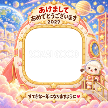 ロケットで出発の写真年賀状｜2027未年・かわいい羊の無料イラスト 98548