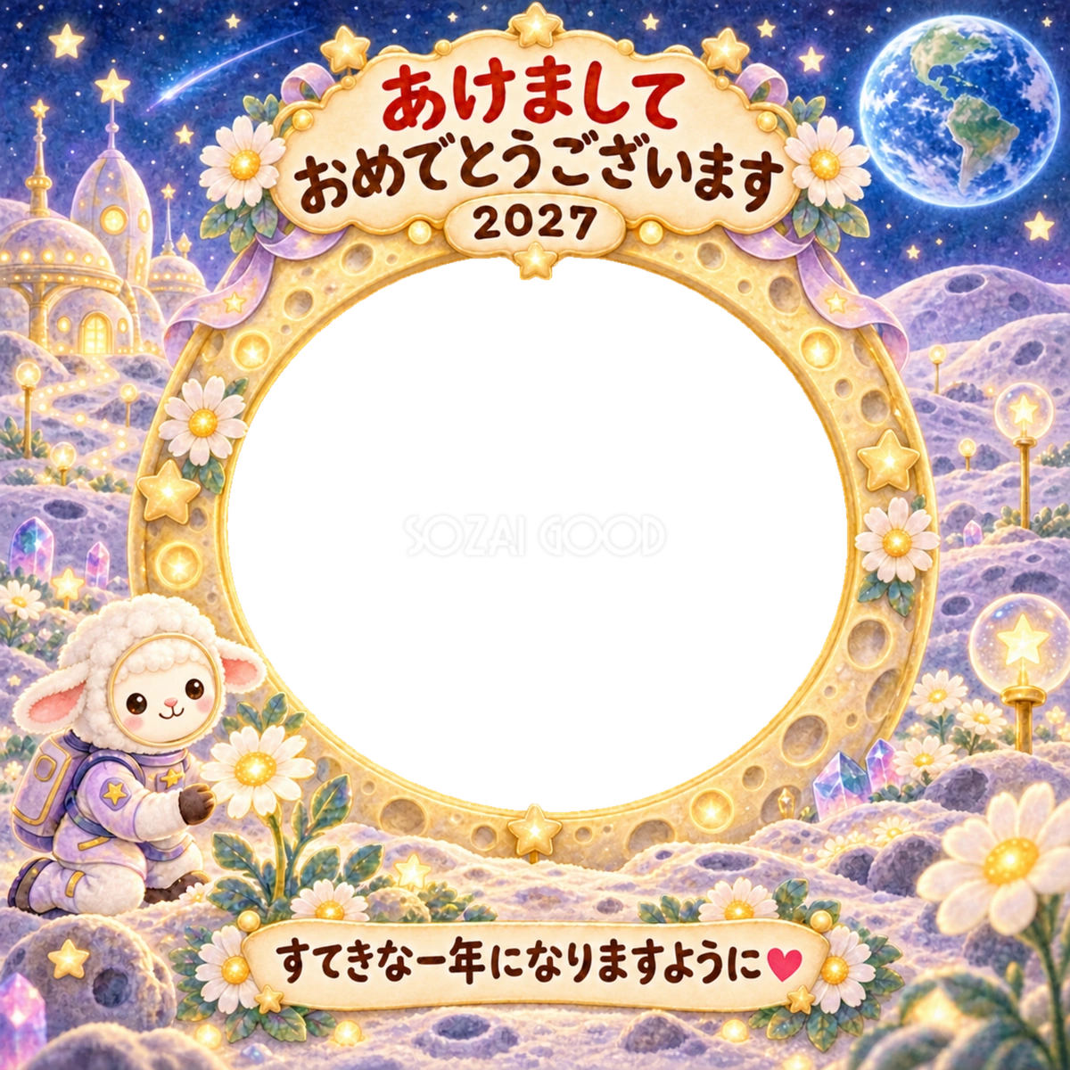 月の花畑でお散歩の写真年賀状|2027未年・かわいい羊の無料イラスト 98549